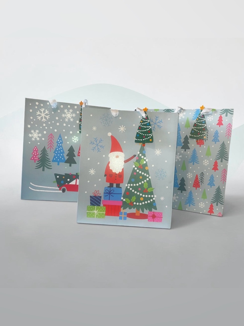 Holiday Gift Bags with Santa & Tree - Blue and Green 3 Pc Set - Picture 3 of 16